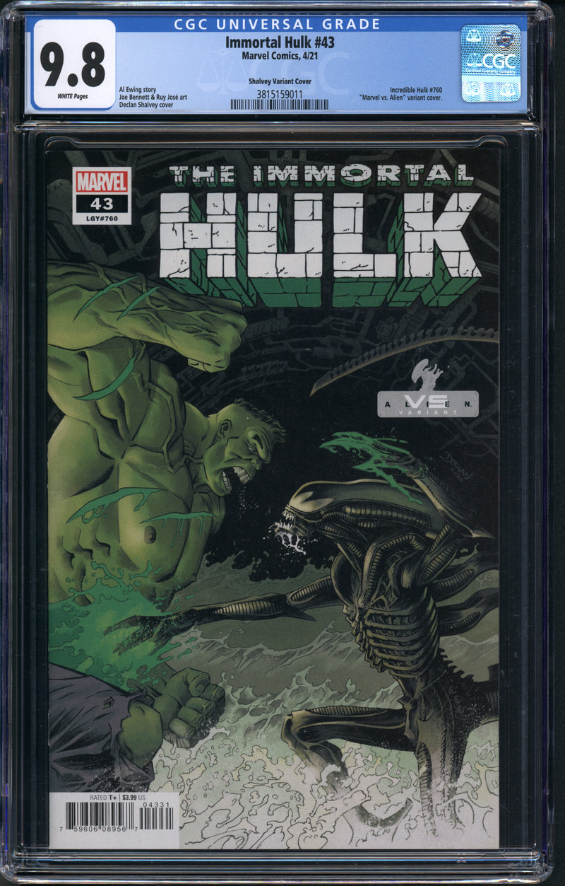 IMMORTAL HULK #43 CGC 9.8 SHALVEY MARVEL VS ALIENS COVER
