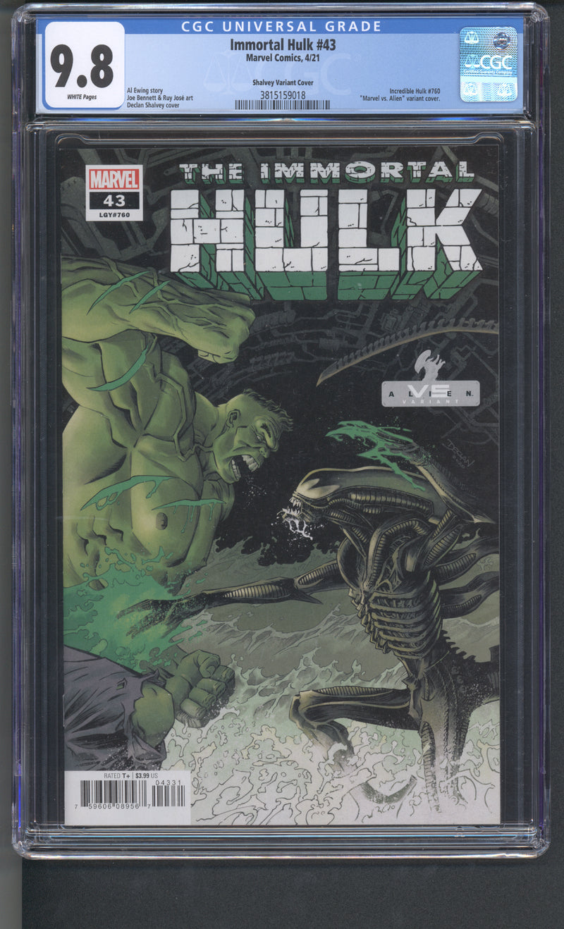 IMMORTAL HULK #43 CGC 9.8 SHALVEY MARVEL VS ALIENS COVER
