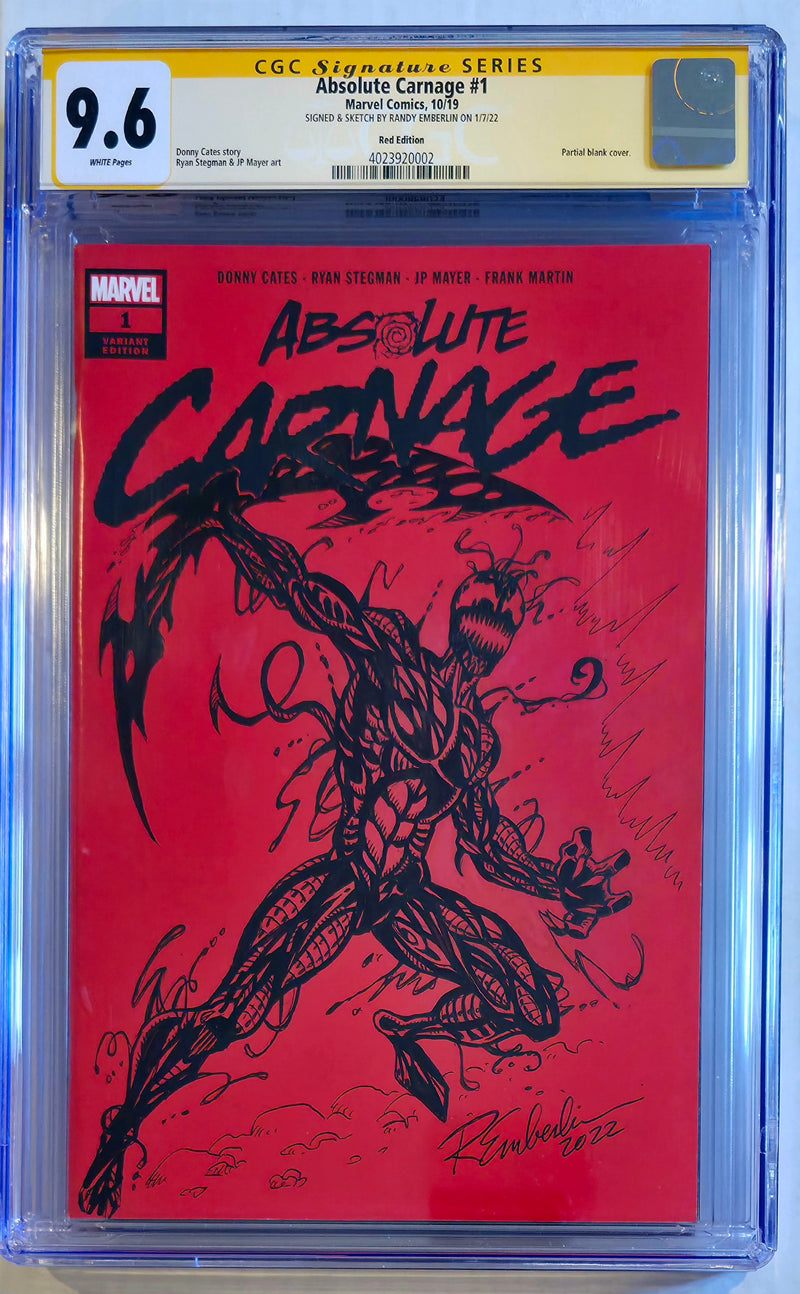 ABSOLUTE CARNAGE #1 CGC SS 9.6 SIGNED & CARNAGE SKETCH BY RANDY EMBERLIN ON 1/7/22