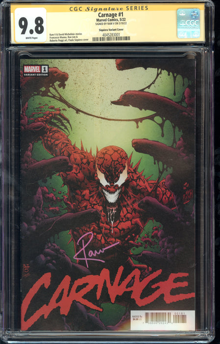 CARNAGE #1 CGC SS 9.8 SIQUIERA COVER SIGNED BY RAM V
