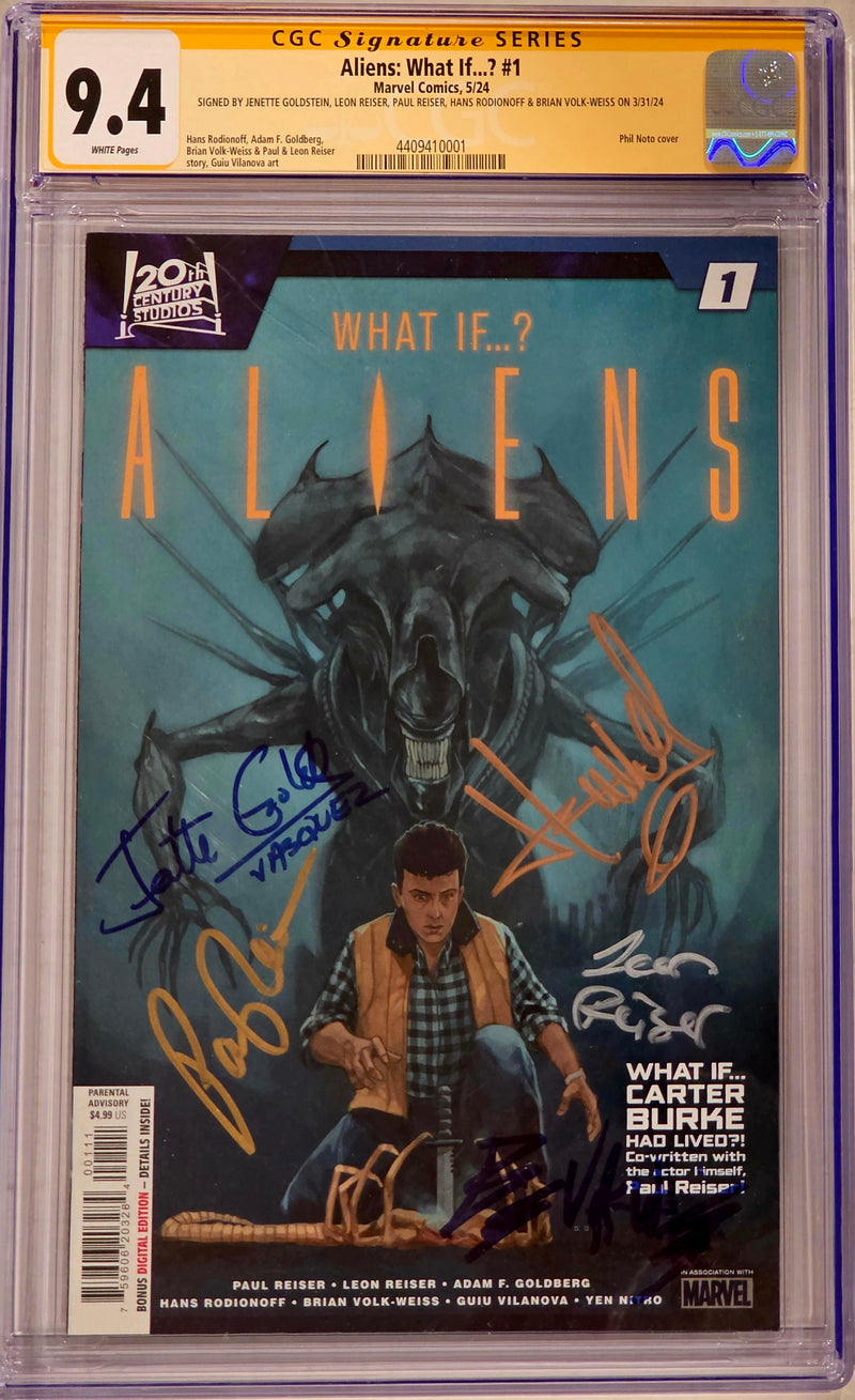 ALIENS WHAT IF ? #1 CGC SS 9.4 SIGNED BY JENETTE GOLDSTEIN, LEON REISER, PAUL REISER, HANS RODIONOFF & BRIAN VOLK-WEISS ON 3/31/24
