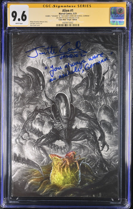 ALIEN #1 CGC SS 9.6 QUAH COVER SIGNED & QUOTE BY " VASQUEZ " FROM THE MOVIE QUAH VARIANT