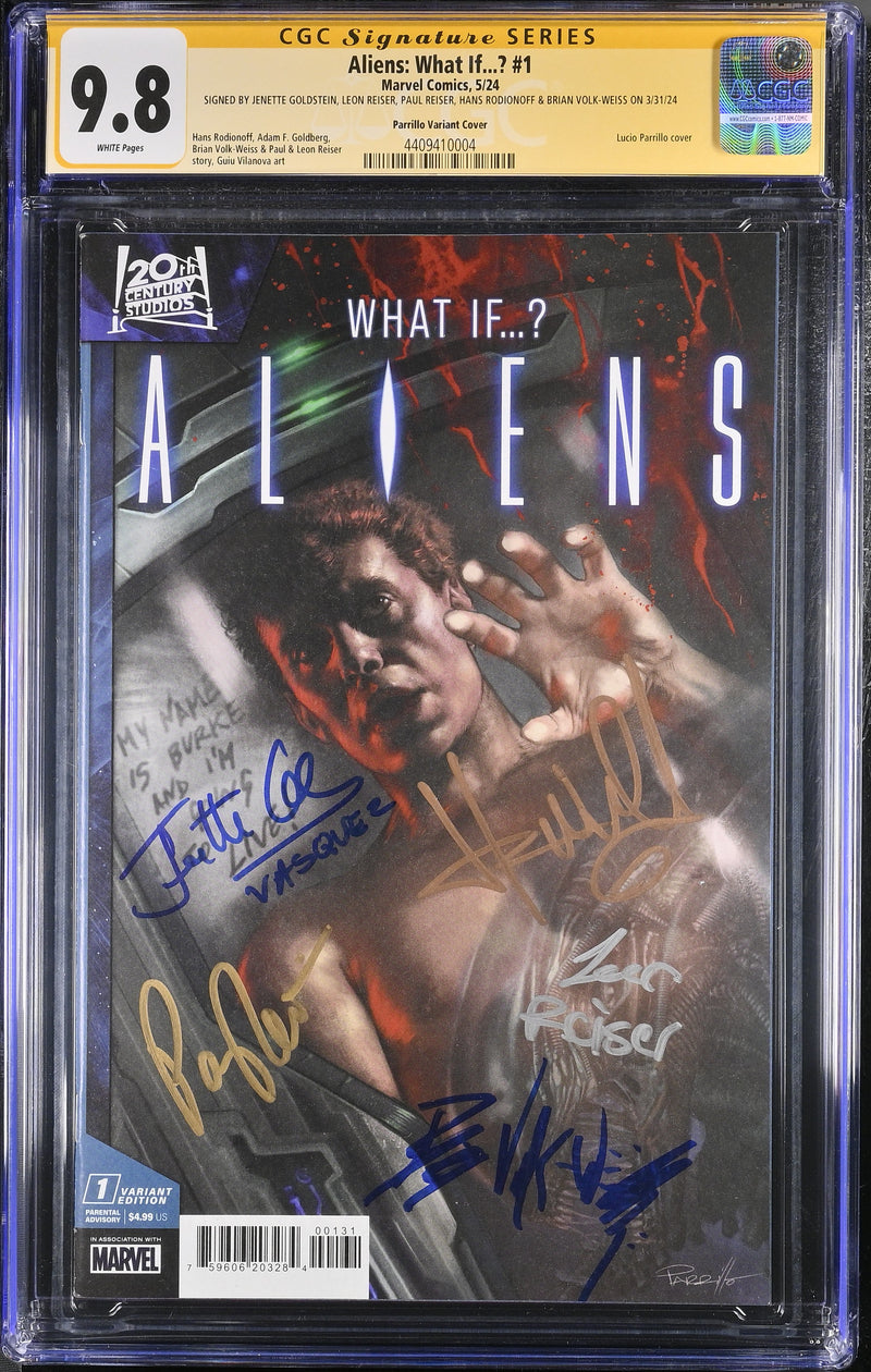 ALIENS WHAT IF ? #1 CGC SS 9.8 SIGNED BY JENETTE GOLDSTEIN, LEON REISER, PAUL REISER, HANS RODIONOFF & BRIAN VOLK-WEISS ON 3/31/24