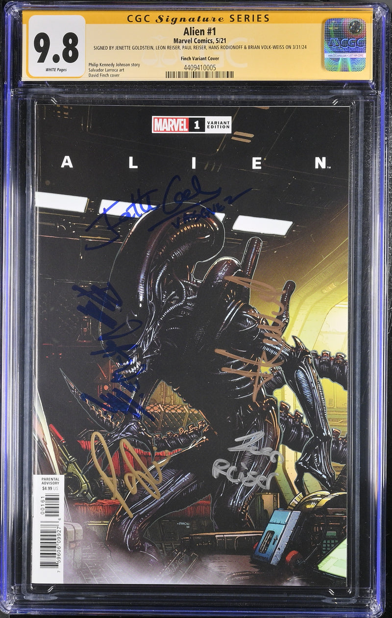 ALIEN #1 CGC SS 9.8 FINCH SIGNED BY JENETTE GOLDSTEIN, LEON REISER, PAUL REISER, HANS RODIONOFF & BRIAN VOLK-WEISS ON 3/31/24