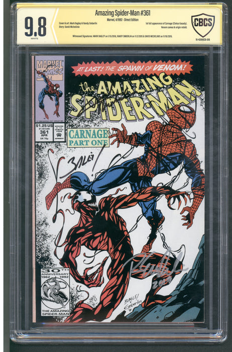 AMAZING SPIDER-MAN #361 CBCS SS 9.8 X 3 SIGNED MARK BAGLEY, RANDY EMBERLIN & DAVID MICHELINIE