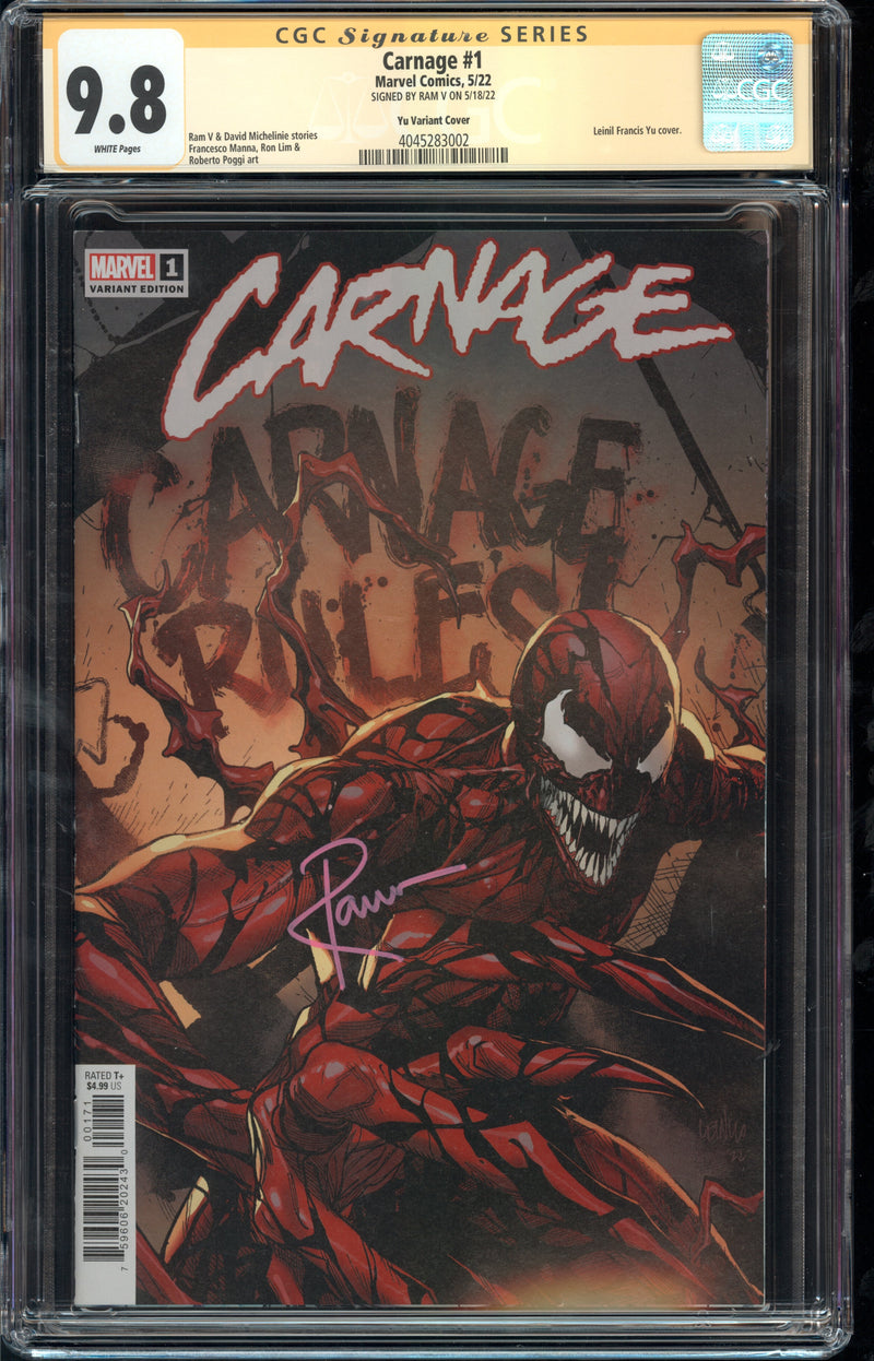 CARNAGE #1 CGC SS 9.8 YU COVER SIGNED BY RAM V